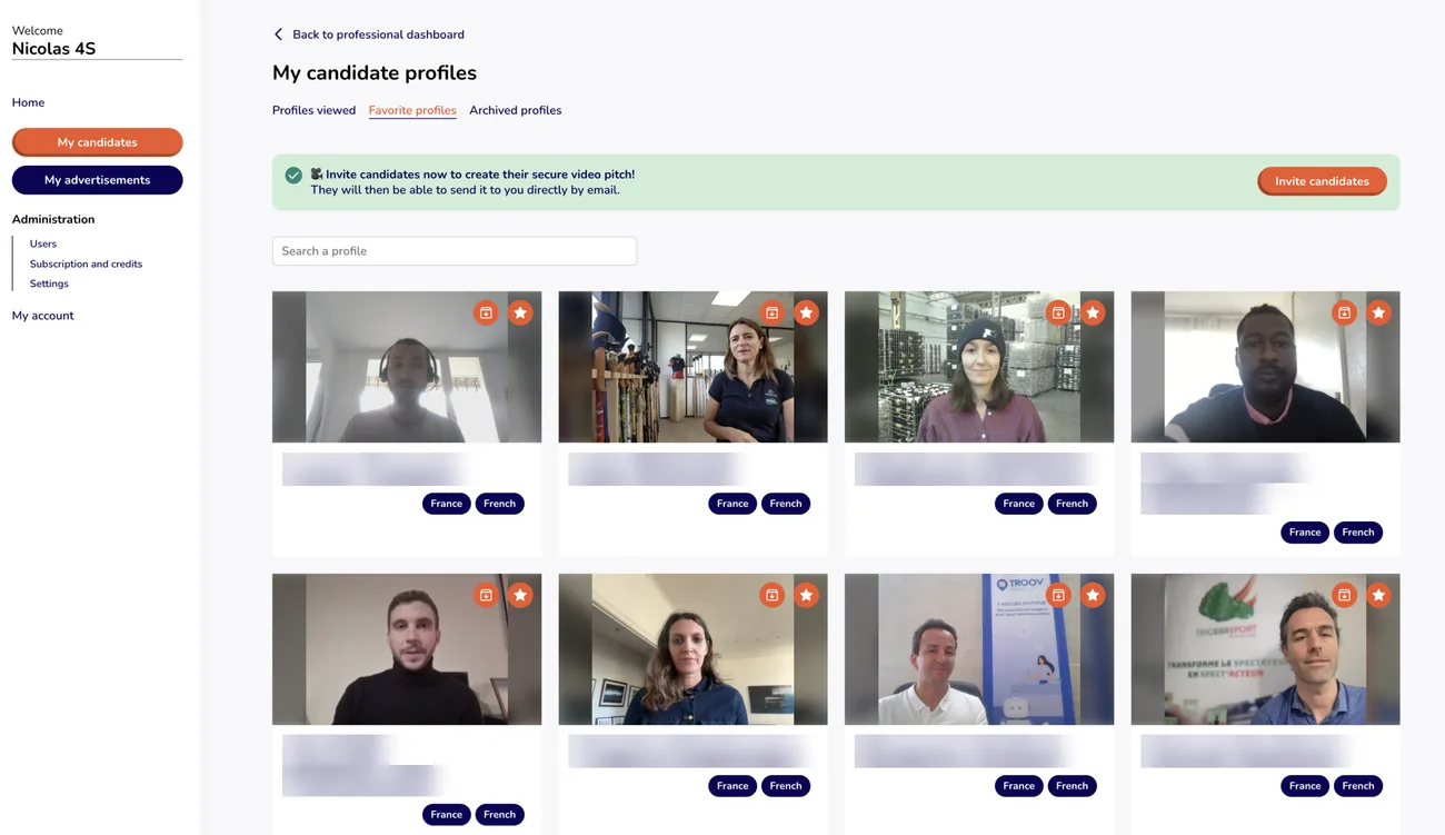 A competition’s professional workspace in English: the grid of candidates’ video pitches for the 4S competition, names blurred