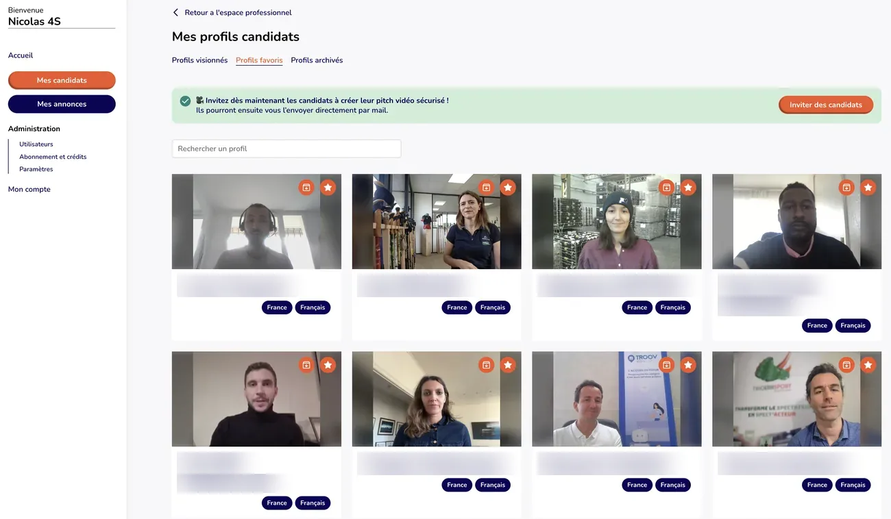 L’espace professionnel d’un concours : la grille des pitchs vidéo des candidats du concours 4S