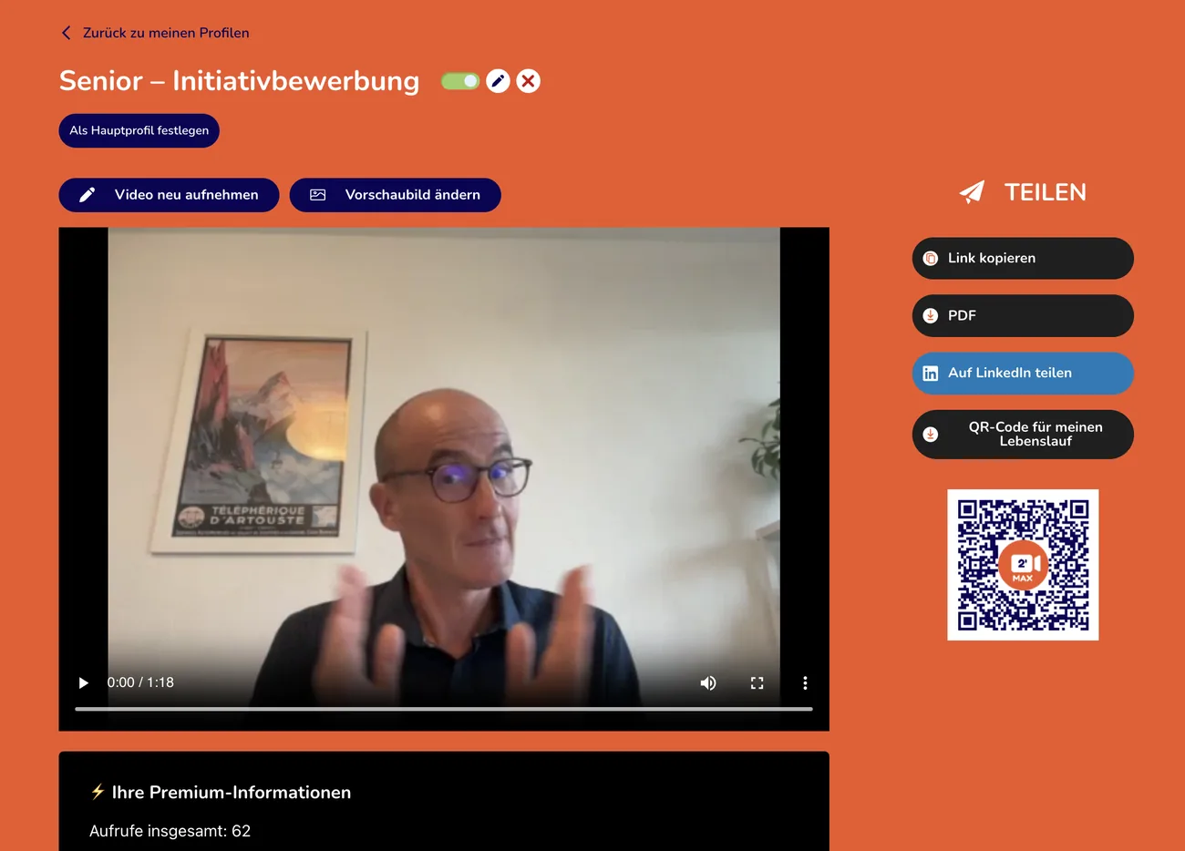 Ein 2’MAX in der App: das Profil „Senior – Initiativbewerbung“ mit Video und den Optionen Link kopieren, PDF, Auf LinkedIn teilen und QR-Code für den Lebenslauf