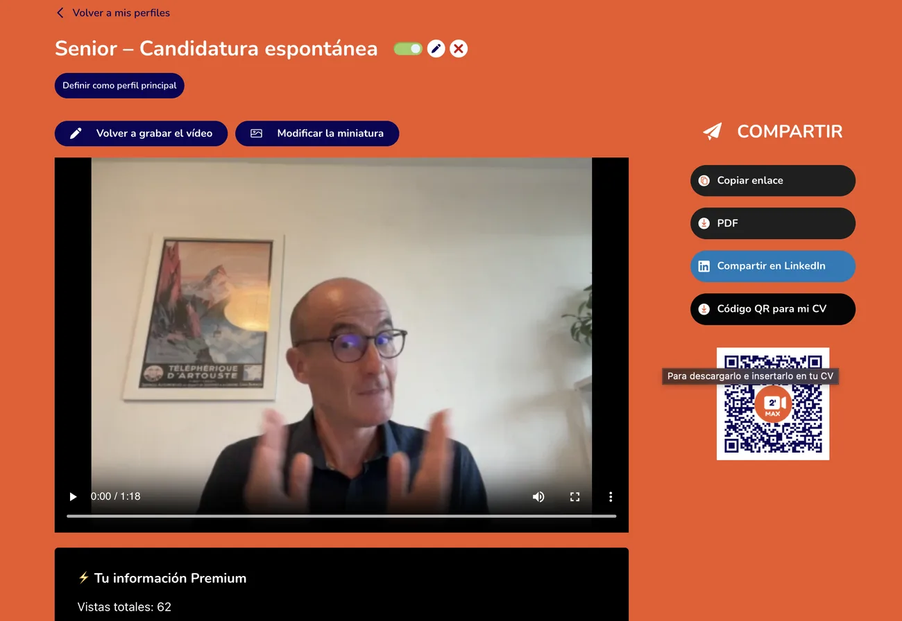 Un 2’MAX en la aplicación: el vídeo, las opciones para compartirlo (copiar enlace, PDF, LinkedIn) y el código QR para el currículum
