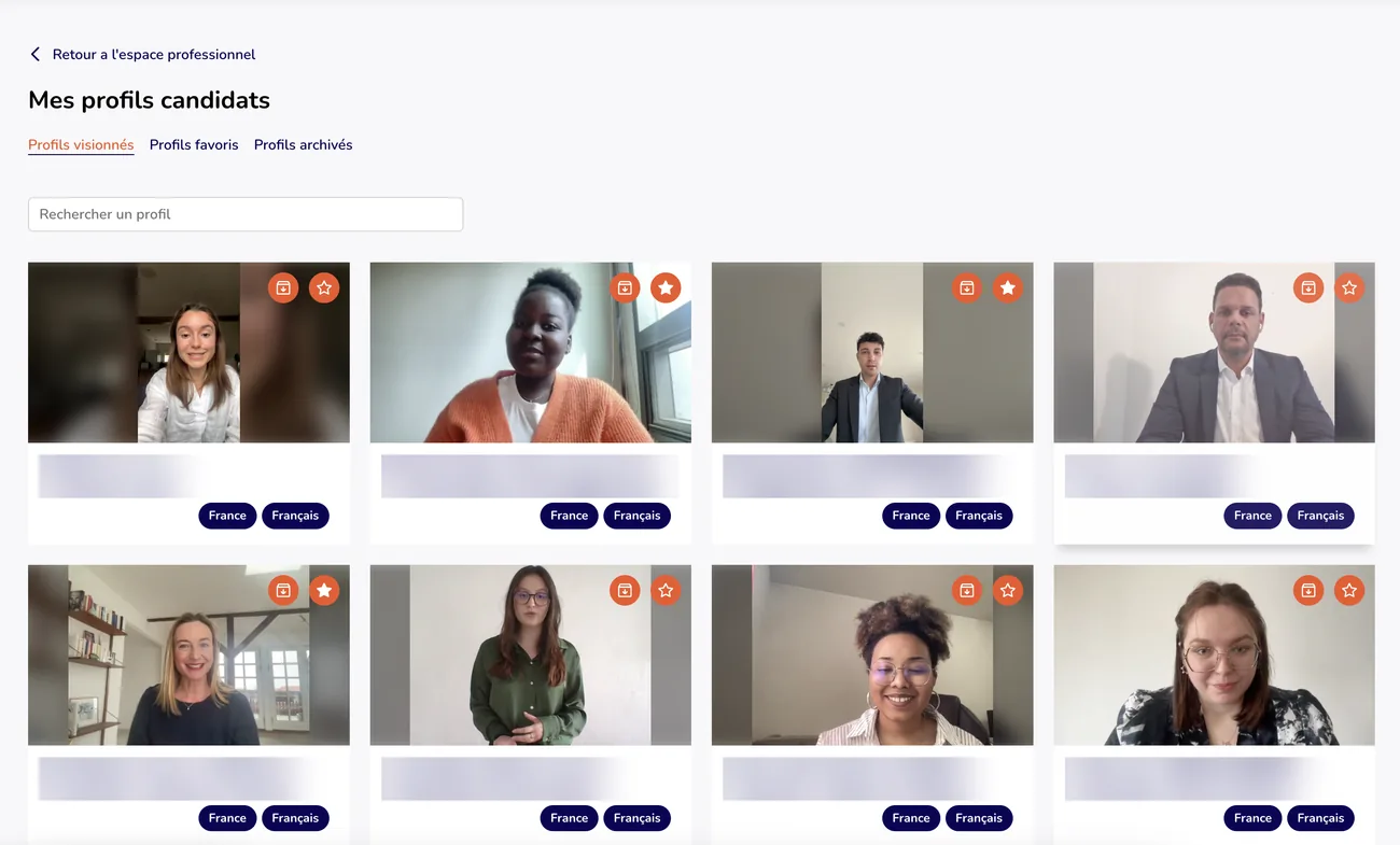 L’espace professionnel : la grille « Mes profils candidats », avec recherche, favoris et archives