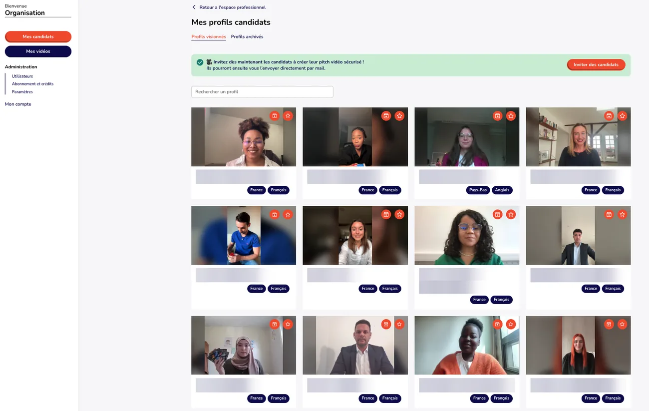L’espace professionnel : la grille des profils candidats en vidéo, avec recherche, favoris et archivage
