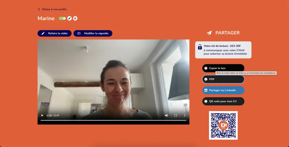 L’espace candidat 2 Minutes Max : la vidéo, ses options de partage (lien, PDF, LinkedIn) et son QR code