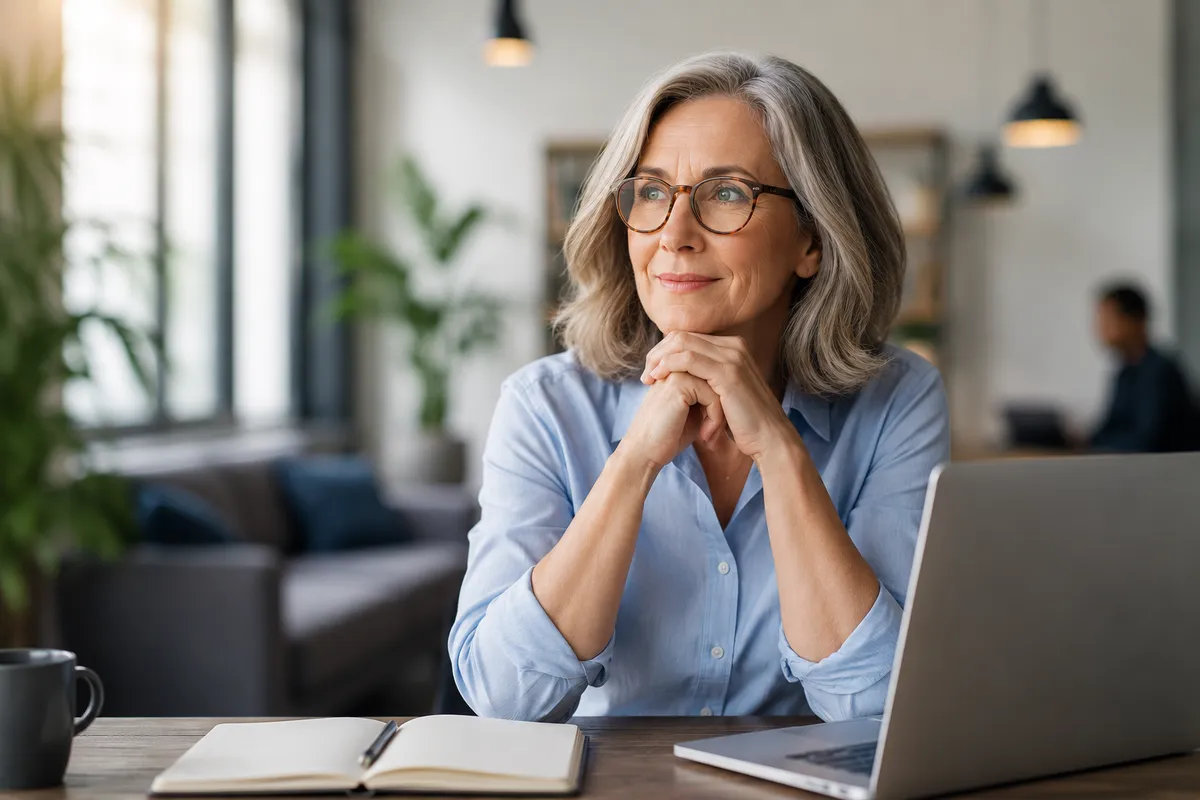 Une professionnelle expérimentée, pensive, devant son ordinateur portable