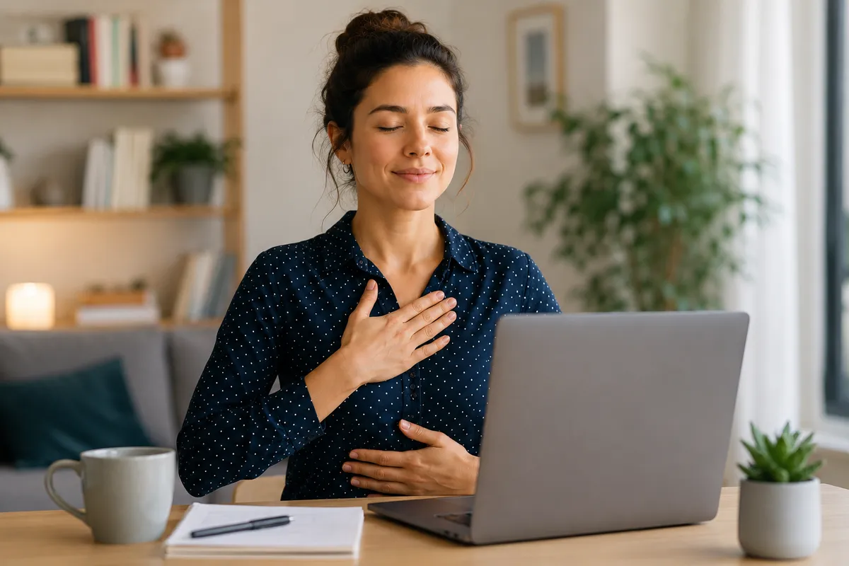 Une femme ferme les yeux, une main sur la poitrine et l’autre sur le ventre, devant son ordinateur : un exercice de respiration
